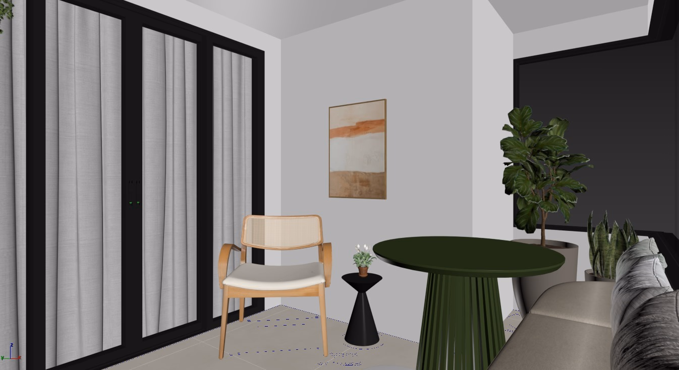 Render 3D do projeto intermediário — canto da sala